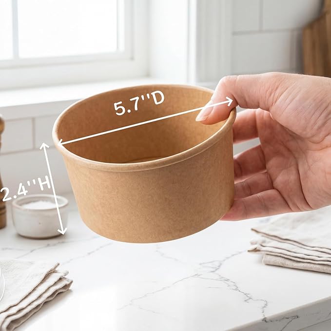 Lyellfe 50 Pack Kraft Paper Bowls with Lid, 25 Oz Disposable Soup Salad Serving Bowls, To Go Food Container for Party Dessert, Ice Cream, Yogurt, Microwave Freezer Safe