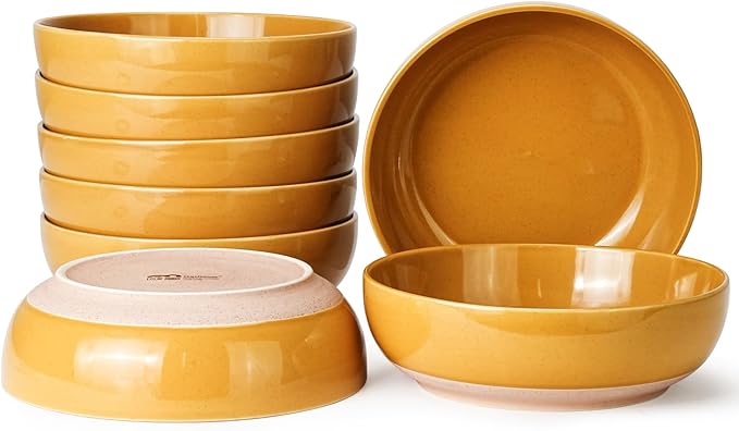 Metflavor Pasta Bowls Set of 8, 34oz Speckled Ceramic Bowls Set for Serving Salad, Pasta, Soup, Dinner, 8" Wide and Deep Bowls, Dishwasher & Microwave Safe, Matte Terracotta Base (Ginger Yellow)