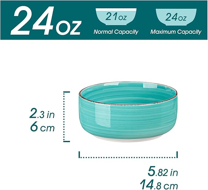 vancasso Bonita Cereal Bowl Set of 6, 24 Oz Ceramic Bowls for Kitchen, Dishwasher & Microwave Safe Bowls for Soup, Cereal, Dessert, Fruit, Blue Colored Bowl Set