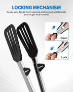 Kitchen Tongs for Cooking, Non Scratch Silicone Tip for Nonstick Cooking Pans, Food Grade Mini Serving Tongs, Pull Lock, Set of 3, Black (BLack, 12 inch)