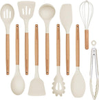 Silicone 10 Pcs Kitchen Cooking Utensils Set, Recycled Materials Certification, BPA Free Spatula Set with Heat Resistant Wood Handles for Nonstick Cookware, Cream White