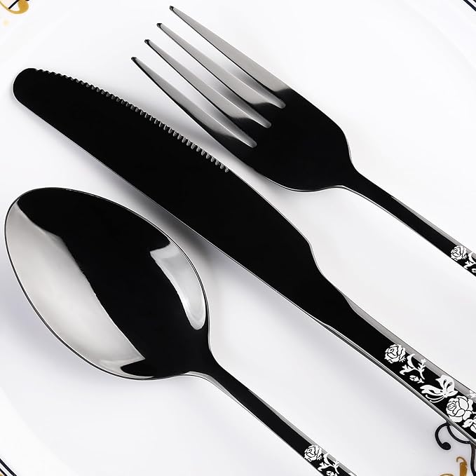 Skull Black Silverware Set for 8, 40-Piece Pirate Rose Flatware Set, Gothic Skeleton Flower Bat Knive Fork Spoon Cutlery Dinnerware for Decoration,Halloween horror,Christmas, Party, Gift,Housewarming