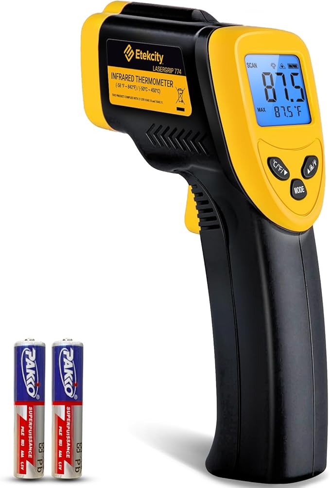 Etekcity Infrared Thermometer Laser Temperature Gun 774, Meat Food Candy Oven Thermometer for Griddle Accessories, Heat Gun for Cooking Refrigerator Tools, Adjustable Emissivity & Max Measure, Yellow