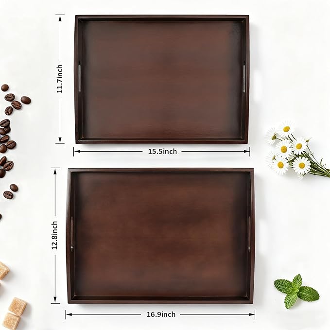 Bamboo Serving Tray with Handles, Set of 2 Large Wood ServingTrays for Food & Coffee, Elegant Wooden Tray for Breakfast in Bed, Kitchen & Party & Entertaining - Black Walnut Finish