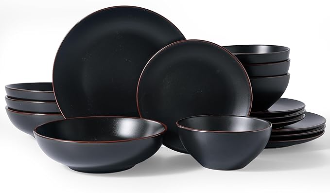 Famiware Venus Stoneware Dinnerware Set with Pasta Bowls for 4, 16 Pieces Chip Resistant Plates and Double Bowls, Matte Black - Dishes with Trim for Everyday & Formal Use, Microwave & Dishwasher Safe