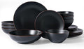 Famiware Venus Stoneware Dinnerware Set with Pasta Bowls for 4, 16 Pieces Chip Resistant Plates and Double Bowls, Matte Black - Dishes with Trim for Everyday & Formal Use, Microwave & Dishwasher Safe