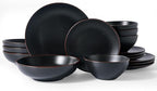 Famiware Venus Stoneware Dinnerware Set with Pasta Bowls for 4, 16 Pieces Chip Resistant Plates and Double Bowls, Matte Black - Dishes with Trim for Everyday & Formal Use, Microwave & Dishwasher Safe