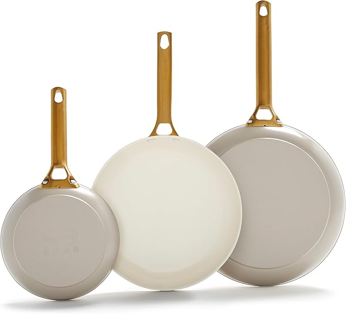 GreenPan Hard Anodized Healthy Ceramic Nonstick 8" 10" and 12" 3 Piece Frying Pan Skillet Set, Gold Handle, PFAS-Free, Dishwasher Safe, Oven Safe, Taupe