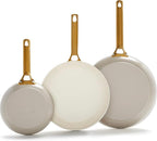 GreenPan Hard Anodized Healthy Ceramic Nonstick 8" 10" and 12" 3 Piece Frying Pan Skillet Set, Gold Handle, PFAS-Free, Dishwasher Safe, Oven Safe, Taupe