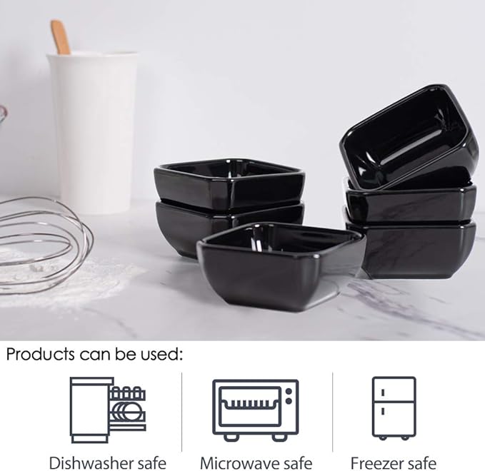 DELLING 6 Oz Square Porcelain Ramekins Set of 6, Oven Safe Creme Brulee Ramekins - Black Ceramic Souffle Dishes, Dishwasher Microwave Freezer Safe Baking Cups for Dessert Custard Pudding