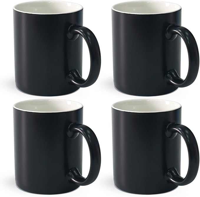 12 oz Cup Plain Gloss Black Ceramic Coffee Mug Set of 4 for Milk, Tea, Glazed Porcelain Cups with handle for Home Office, Dishwasher & Microwave Safe
