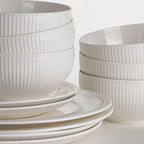 Artena Cereal Bowls 26 OZ, Ceramic Soup Bowls For Kitchen, Embossment Bowls For Rice Pasta Salad, White Bowls For Breakfast Lunch Dinner, 6 Inch, Set Of 6, Dishwasher & Microwave Safe, Stripe
