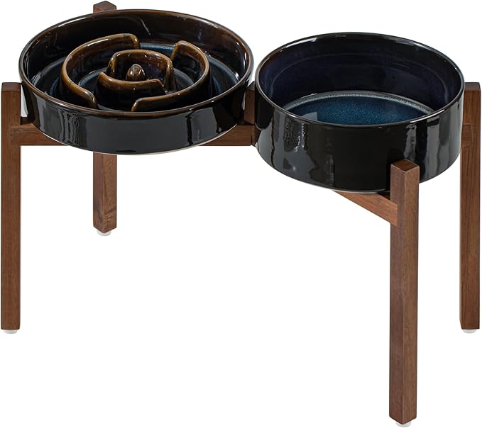 Havniva Ceramic 3.2 Cup Raised Slow Feeder Dog Bowl Set, Elevated 8.2inch Bowl and 9.5inch Dish with Acacia Wood Stand for Large Dog, Stop Bloat(2 x Starry Sky+ Stand)