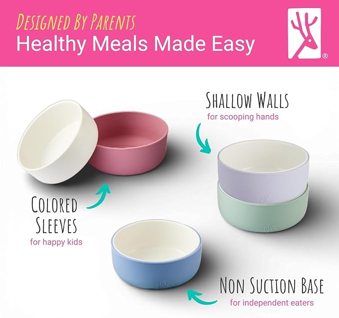 Elk and Friends Kids Porcelain Bowls with Silicone Sleeves | Suitable for Babies/Toddlers | Microwave & Dishwasher Safe | Non Slip Dinnerware | Snack Dishes | 2 Pack