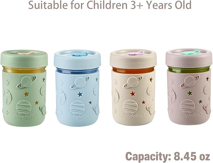 PandaEar 4 Pack Kids & Toddler Glass Cups, Glass Mason Jar Cups 8.45 oz with Silicone Sleeves & Straws, Toddler Spill-Proof Smoothie Cups for Children Ages 3+