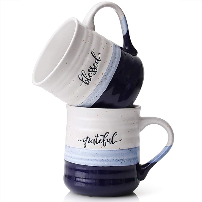 DOWAN 20 oz Coffee Mugs, Large Mugs with Word Blessed Grateful, Porcelain Coffee Cup, Thank You Gifts for Mom Dad, Set of 2 | Large Mugs, Coffee Cup
