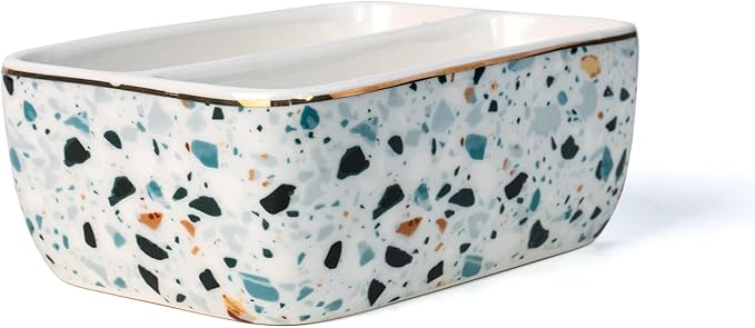 2 Compartments Ceramic Sponge Holder for Kitchen Sink, Cute Floral Countertop Dish Sponges Holder Soap Sink Organizer Farmhouse Caddy (Blue Terrazzo)