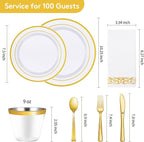 Goodluck 700 Pieces Gold Dinnerware Set for 100 Guests, Disposable for Party, Include: 100 Gold Rim Dinner Plates, 100 Dessert Plates, 100 Paper Napkins, 100 Cups, 100 Plastic Silverware Set