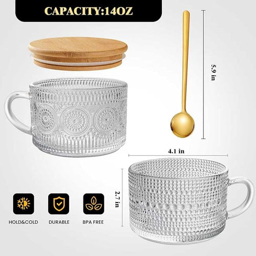 6 PACK Vintage Glass Coffee Mugs 14oz Clear Embossed Tea Cup Set with Bamboo Lids and Gold Spoons,Yogurt Bowl,kitchen gifts for women