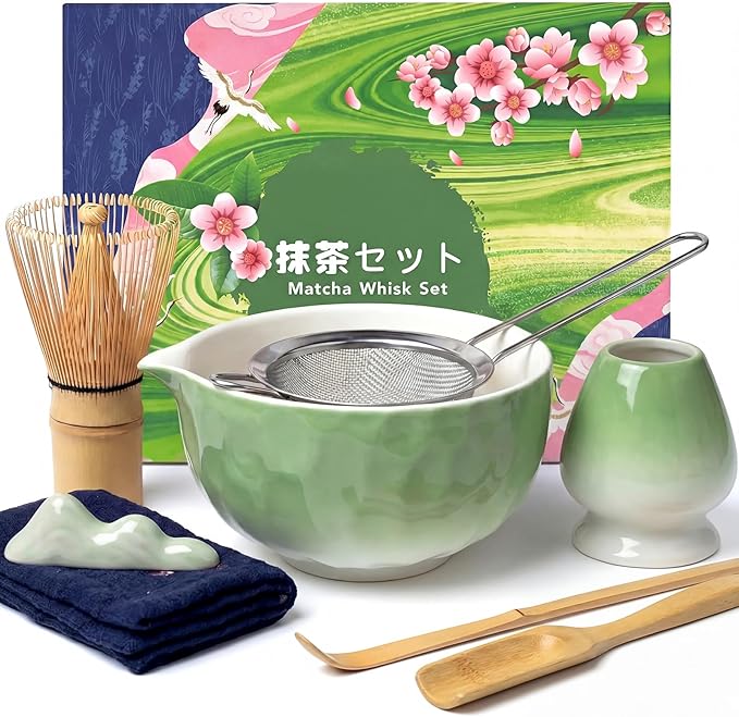 8 Pcs Matcha Whisk Set, Complete Ceramic Matcha Set Includes Bowl & Holder, Whisk, Scoop, Spoon, Tea Towel and Stainless Steel Sifter, Perfect Kit for Matcha Lovers (Green)