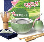 8 Pcs Matcha Whisk Set, Complete Ceramic Matcha Set Includes Bowl & Holder, Whisk, Scoop, Spoon, Tea Towel and Stainless Steel Sifter, Perfect Kit for Matcha Lovers (Green)