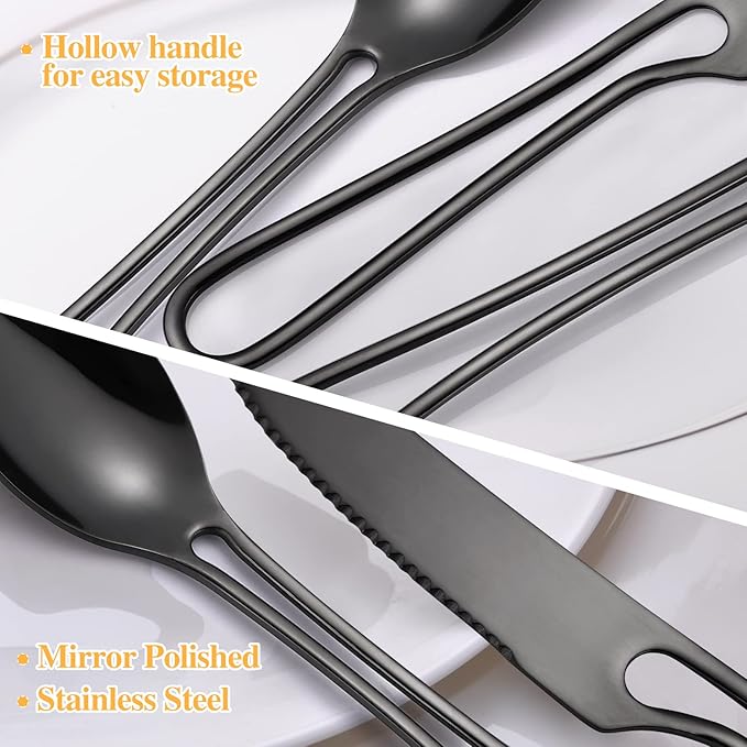 Black Silverware Set for 8, Modern 40 Piece Flatware Stainless Steel Hanging Fine Utensils Cutlery Set,Tableware include Knife Fork Spoon for Family Gatherings & Daily Use Wedding (Hollow Out Handle)