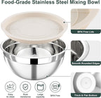5 Piece Stainless Steel Mixing Bowls with Lids Set - Khaki Nesting Metal Mixing Bowls for Kitchen, Sizes 4.5, 4, 3.5, 2.1, 1.5 Qt for Baking, Cooking and Serving, Dishwasher Safe
