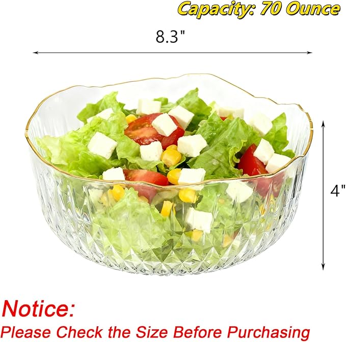Frcctre 4 Pack 70 Ounce Small Clear Plastic Serving Bowls, 8 Inch Round Crystal Salad Mixing Bowl Disposable Plastic Catering Bowls for Party, Salad, Fruit, Snack, Chip, Popcorn
