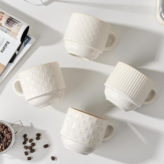 JIEMEI HOME Large Ceramic Coffee Mug Set of 4 with Stand, 15 Oz Stackable Different Embossment Ribbed Latte Cup Set for Cappuccino, Tea, Hot Cocoa, Drinks - Dishwasher & Microwave Safe, White & Green