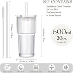KEMORELA 2-Pack 20 oz Ribbed Glass Tumblers with Lids and Glass Straws – Vintage Iced Coffee Cups, Reusable Smoothie & Cocktail Drinking Glasses, Clear Glassware for Home or Cafe