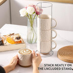 Nihow Ceramic Coffee Mug Set of 4, 16OZ Stackable Coffee Mug Set with Stainless Stand,Large Cup Set for Cappuccino,Tea,Hot/Cold Drinks,Dishwasher & Microwave Safe,Matte White