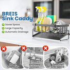 BREIS Kitchen Sink Caddy Organizer with Rag Holder,Self-Draining Sponge Holder for Countertop Soap Dispenser Organizers and Storage Essentials,Kitchen Decor and Accessories