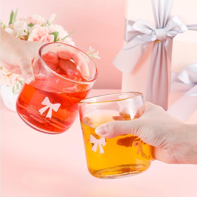 Skylety 2 Pack Bow Icon Juice Glasses, 14 oz Stemless Glass Cups, Coquette Pink Bow Juice Cocktail Wine Coffee Drinking Cups for Gift Engagement Wedding Anniversary Valentines Present Party Supplies