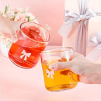 Skylety 2 Pack Bow Icon Juice Glasses, 14 oz Stemless Glass Cups, Coquette Pink Bow Juice Cocktail Wine Coffee Drinking Cups for Gift Engagement Wedding Anniversary Valentines Present Party Supplies