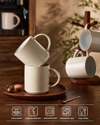 famiware Coffee Mug Set for 6, Star 16 oz Catering Mugs Cup Set with Handle for Coffee, Tea, Cocoa, Milk - Ceramic Stoneware Drinkware Set, Cappuccino White