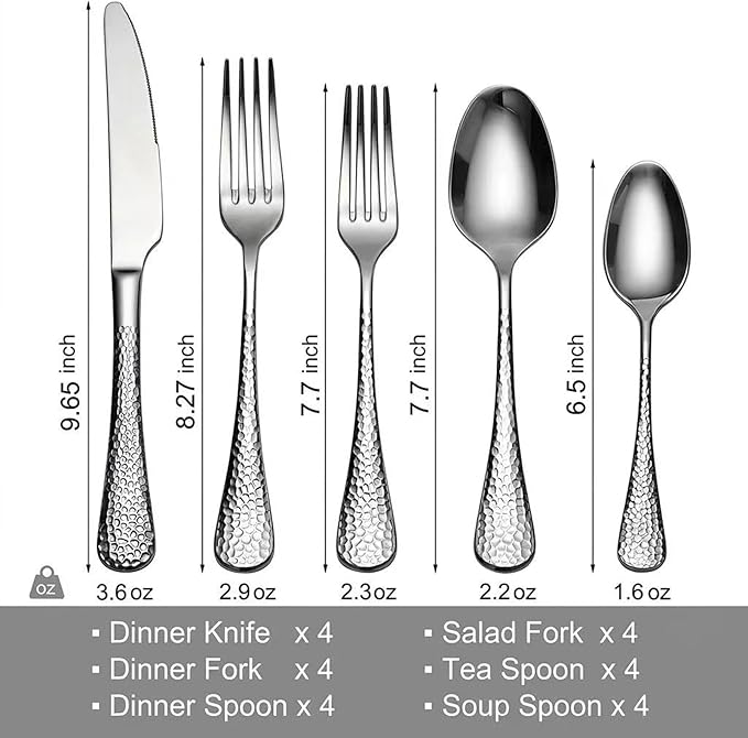 Premium 20 Piece Hammered Silverware Set with Smooth Edge, 18/10 Stainless Steel, Service for 4, Fine Flatware Set, Dishwaser Safe(20)