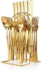 24 Pieces Flatware Set, Stainless Steel Cutlery Set with Silverware Holder, Spoons Forks Knives Set,Hanging Silverware Set Service for 6,Dishwasher Safe (Gold)