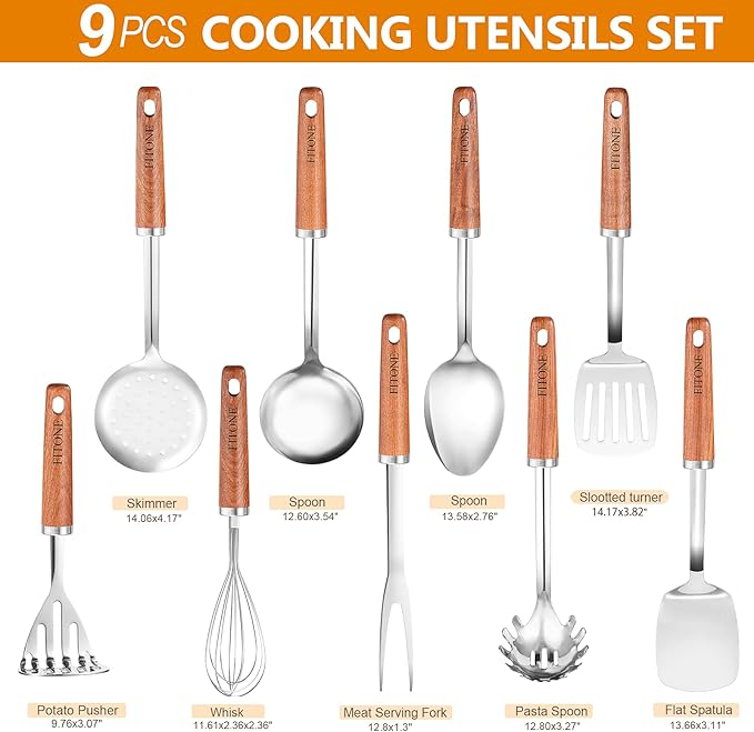 9PCS 18/8 Stainless Steel Kitchen Utensils, Stainless Steel Cooking Utensils with Wooden Handle, Metal Cooking Utensils Set, Spatula, Ladle, Skimmer, Spaghetti Spoon, Potato Masher, Easy To Clean