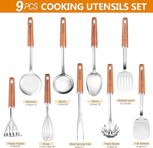 9PCS 18/8 Stainless Steel Kitchen Utensils, Stainless Steel Cooking Utensils with Wooden Handle, Metal Cooking Utensils Set, Spatula, Ladle, Skimmer, Spaghetti Spoon, Potato Masher, Easy To Clean
