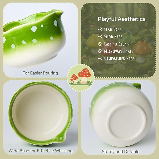 Cute Mushroom Matcha Bowl Set, Traditional Japanese Matcha Tea Ceremony Kit, Handcrafted Ceramic Whisk Holder and Bowl, Green