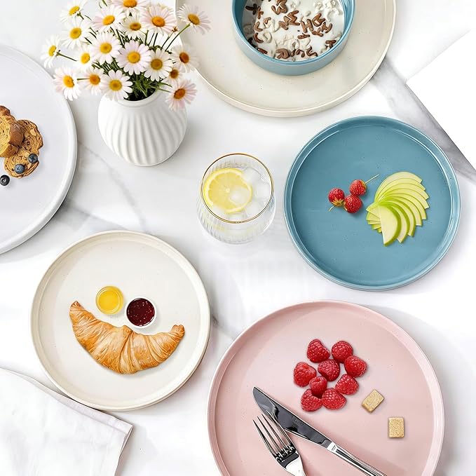 AmorArc Ceramic Dinnerware Set for 4 | Handpainted Stoneware Plates and Bowls with Rustic unglazed terracotta | Scratch Resistant, Dishwasher & Microwave Safe Dishes Sets- 12-Pcs Colorful