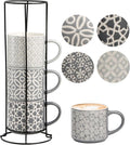 Hiceeden Set of 4 Coffee Mugs with Metal Stand, 15 oz Stackable Espresso Cups Ceramic Coffee Mugs for Cocoa, Latte, Americano, Cappuccinos or Beverages