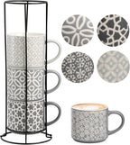 Hiceeden Set of 4 Coffee Mugs with Metal Stand, 15 oz Stackable Espresso Cups Ceramic Coffee Mugs for Cocoa, Latte, Americano, Cappuccinos or Beverages