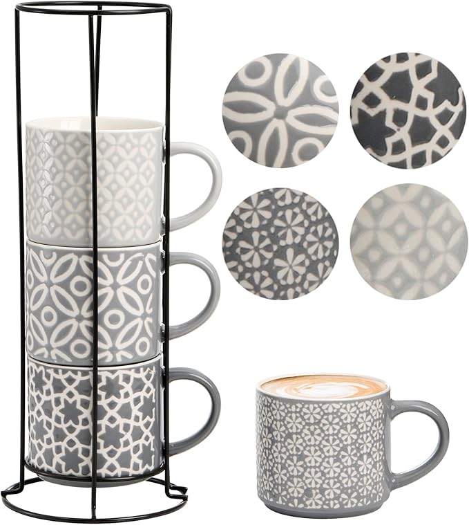 Hiceeden Set of 4 Coffee Mugs with Metal Stand, 15 oz Stackable Espresso Cups Ceramic Coffee Mugs for Cocoa, Latte, Americano, Cappuccinos or Beverages