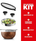 18/8 Stainless Steel Salad Bowl Kit - 74oz, Mixing Bowls with Lids Set, Teakwood - Comes with 1.7oz Condiment Container and Removable Tray for Organization - Leak-Proof, Dishwasher Safe (Wood)