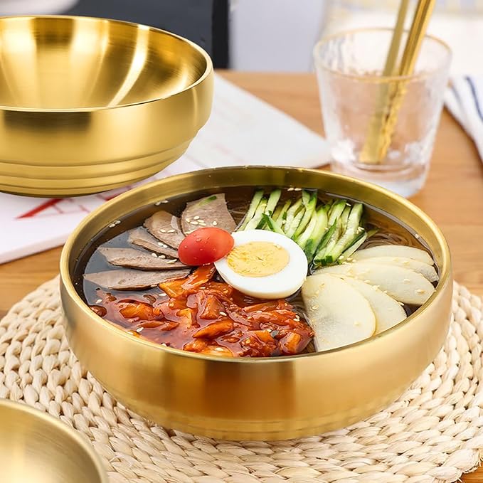 Frcctre 3 Pack 7.3 Inch Large Stainless Steel Bowls, 31 OZ Double Walled Insulated Bowls, Unbreakable Decorative Golden Bowl Serving Bowl for Salad Soup Noodle Friut Mixing, Dishwasher Safe