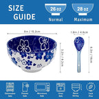 Japanese Ceramic Bowls Set of 6, 28 Oz Large Asian Porcelain Ramen Soup Salad Cereal Noodle Bowl with 6 Spoons, Deep Bowl for Kitchen Decor and Housewarming Gift, Dishwasher & Microwave Safe