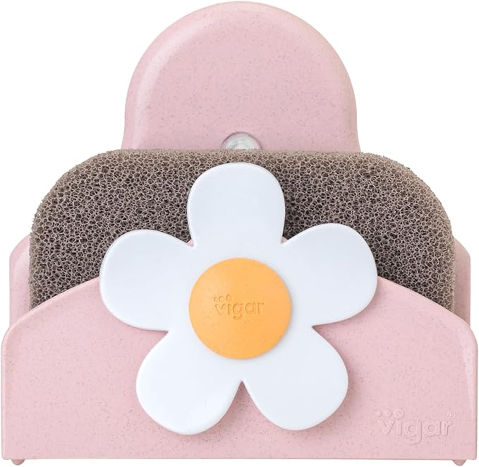Vigar Florganic Daisy Sponge Holder for Kitchen Sink with Suction Cup and Sponge, Sink Caddy, Kitchen Organizers and Storage for Kitchen Sinks, Pink