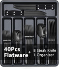 BEWOS 49-Piece Black Silverware Set with Organizer - Stainless Steel Silverware Set for 8 with Steak Knives and Drawer Organizer, Mirror Polished Flatware Set for Home and Restaurant, Dishwasher Safe
