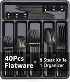 BEWOS 49-Piece Black Silverware Set with Organizer - Stainless Steel Silverware Set for 8 with Steak Knives and Drawer Organizer, Mirror Polished Flatware Set for Home and Restaurant, Dishwasher Safe